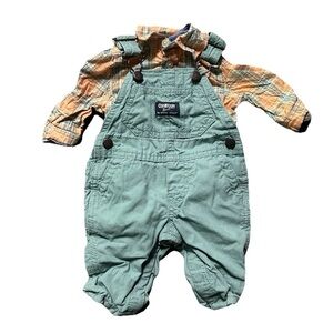 Baby Boy Oshkosh Orange Green Plaid Button Up Bodysuit Overalls Size 0-3 Months